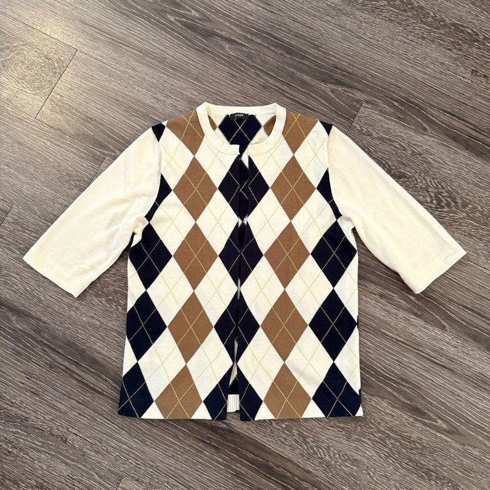 J. Crew Cream, Brown and Black Argyle Short Sleeve Cardigan